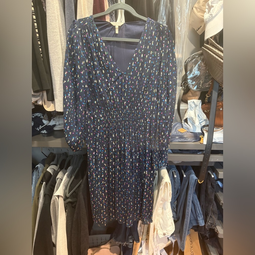 Rebecca Taylor Navy V-Neck Long Sleeve Dress with Multicolor Dot Print